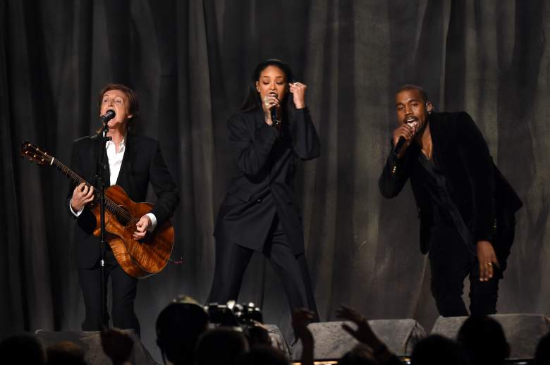 LOS ANGELES, CA - FEBRUARY 08: Musicians Paul McCartney, Rihanna and Kanye West perform onstage during The 57th Annual GRAMMY Awards at the STAPLES Center on February 8, 2015 in Los Angeles, California. (Photo by Larry Busacca/Getty Images for NARAS)