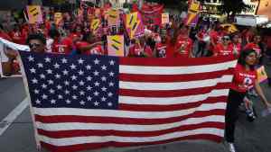 Union members, activists and their supporters march through the city during their annual May Day procession in support of workers' rights and immigrant freedom in Los Angeles on May 1, 2019. - May Day has been an international workers' celebration for more than 130 years.