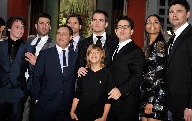 Anton Yelchin, Zachary Quinto, executive/producer Bryan Burk, Eric Bana, Chris Pine, Jimmy Bennett, director/producer J.J. Abrams, actors Zoe Saldana ad Karl Urban arrive on the red carpet of the Los Angeles premiere of "Star Trek"