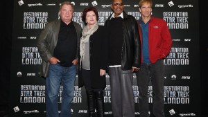 William Shatner, Kate Mulgrew, Avery Brooks, Scott Bakula, who played Captains in the Star Trek series pose for a photograph at the 'Destination Star Trek London' convention at the ExCeL centre on October 19, 2012
