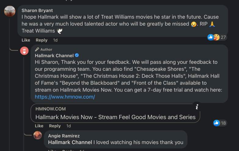 Hallmark's response on Facebook