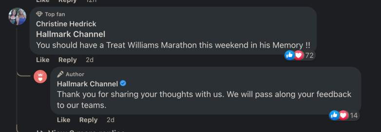 Hallmark's response on Facebook