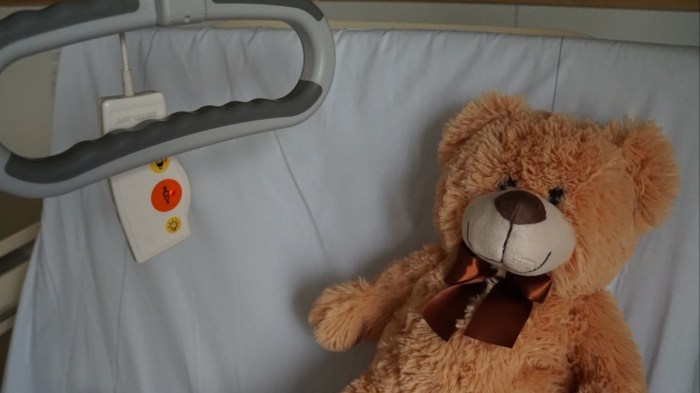 A teddy bear in a hospital bed.