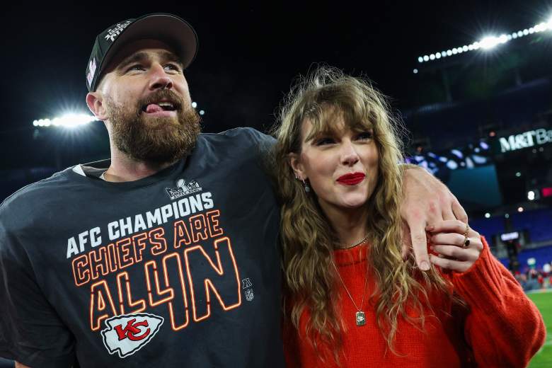 Taylor Swift and Travis Kelce celebrating the 2024 AFC Championship.
