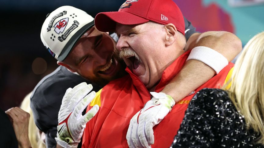 Travis Kelce and Andy Reid celebrate at the Super Bowl