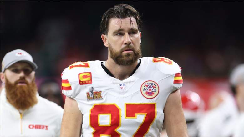 Travis Kelce on the field following his 2025 Super Bowl loss
