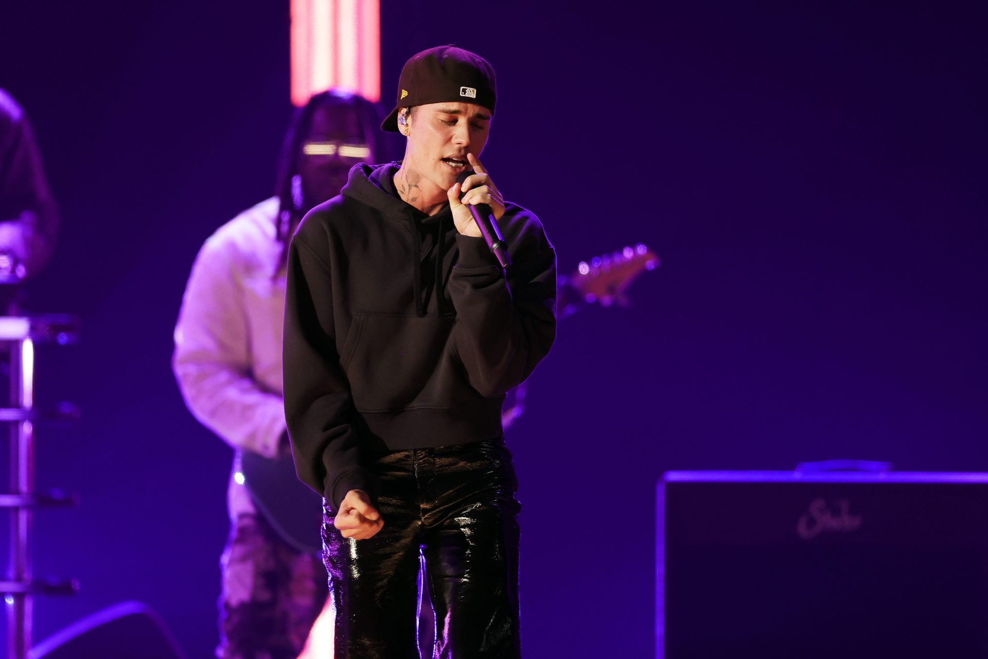 Justin Bieber performs at the 2022 Grammy Awards.