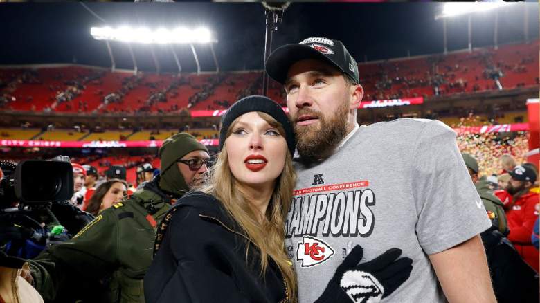 Taylor Swift celebrates with Travis Kelce #87 of the Kansas City Chiefs after defeating the Buffalo Bills 32-29 in the AFC Championship Game