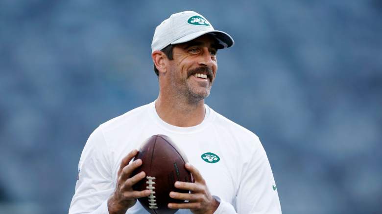 Aaron Rodgers #8 of the New York Jets throws the ball during warmups before the first half of a preseason game against the Tampa Bay Buccaneers at MetLife Stadium on August 19, 2023 in East Rutherford, New Jersey