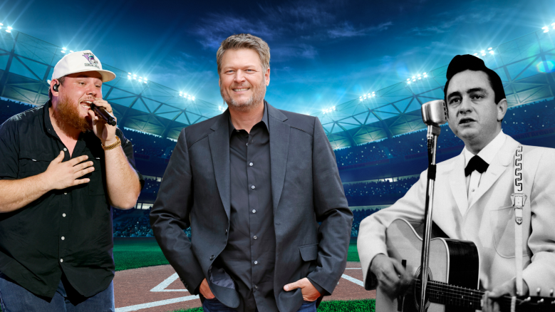 Blake Shelton, Luke Combs, and Johnny Cash on a baseball field