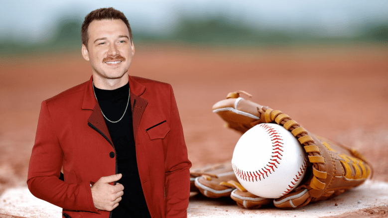 Morgan Wallen wears a red jacket next to a baseball glove