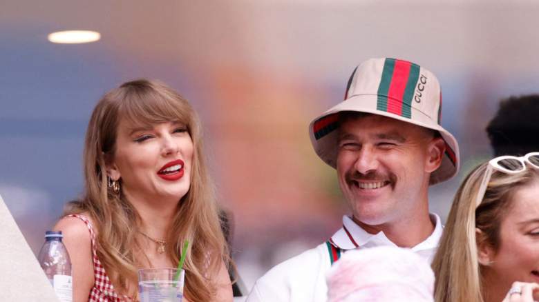 Taylor Swift (L) and boyfriend US NFL football player Travis Kelce attend the men's final match between USA's Taylor Fritz and Italy's Jannik Sinner on day fourteen of the US Open tennis tournament