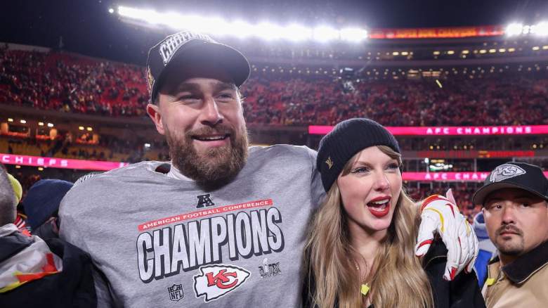 Taylor Swift celebrates with Travis Kelce #87 of the Kansas City Chiefs after defeating the Buffalo Bills 32-29 in the AFC Championship Game at GEHA Field at Arrowhead Stadium on January 26, 2025