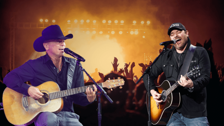 Kenny Chesney and Chris Young singing and playing guitar