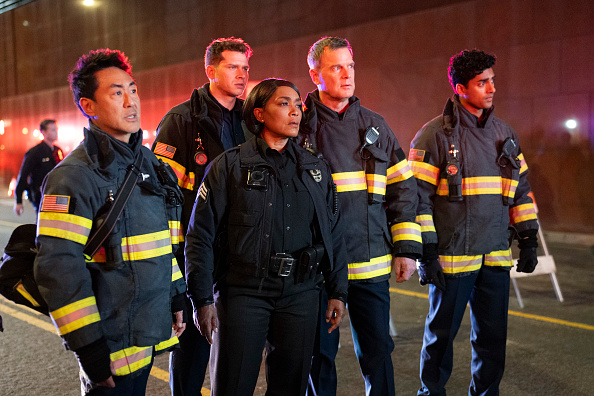 Angela Bassett, Peter Krause, Oliver Stark, Kenneth Choi, and Anirudh Pisharody in "9-1-1" Season 8 Episode 13, "Invisible"