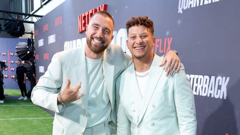 Travis Kelce and Patrick Mahomes attend the Netflix Premiere of "Quarterback" at Netflix Tudum Theater on July 11, 2023 in Los Angeles, California