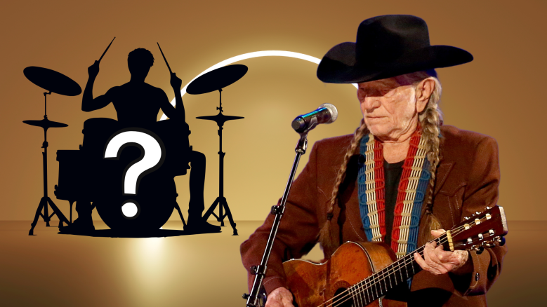 Willie Nelson playing guitar with a mystery drummer behind him.