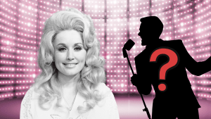 Dolly Parton posing next to a mystery singer.