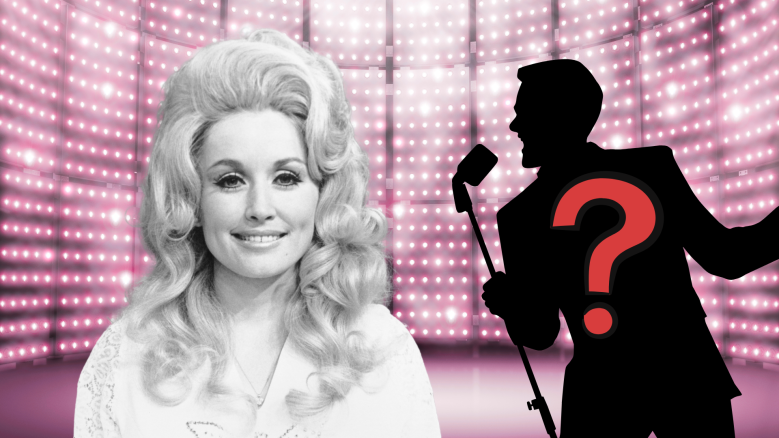 Dolly Parton posing next to a mystery singer.