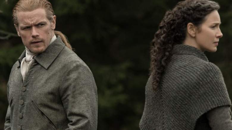 Sam Heughan as Jamie Fraser and Caitriona Balfe as Claire Fraser on Outlander