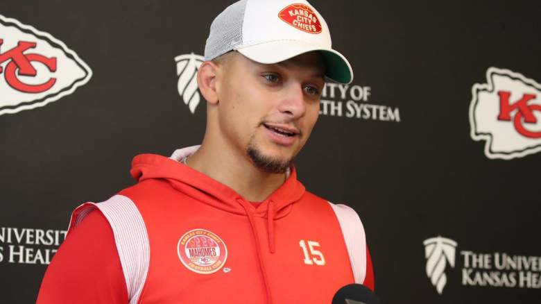 Quarterback Patrick Mahomes #15 of the Kansas City Chiefs speaks to the media during the press conference interviews after the Kansas City Chiefs OTAs