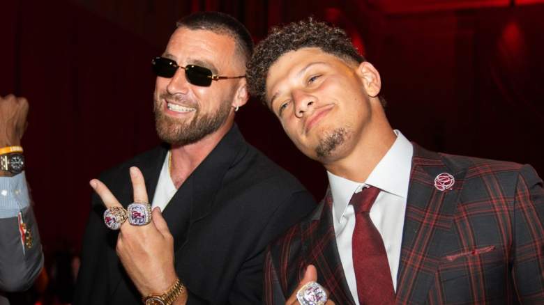 Travis Kelce and Patrick Mahomes of the Kansas City Chiefs pose during the Kansas City Chiefs Super Bowl LVII Ring Ceremony at Union Station on June 15, 2023