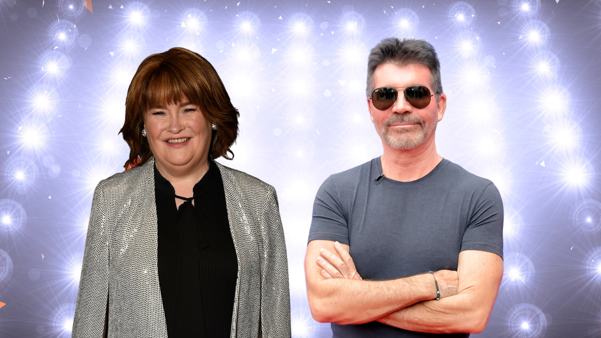 Simon Cowell and Susan Boyle posing in front of bright lights.