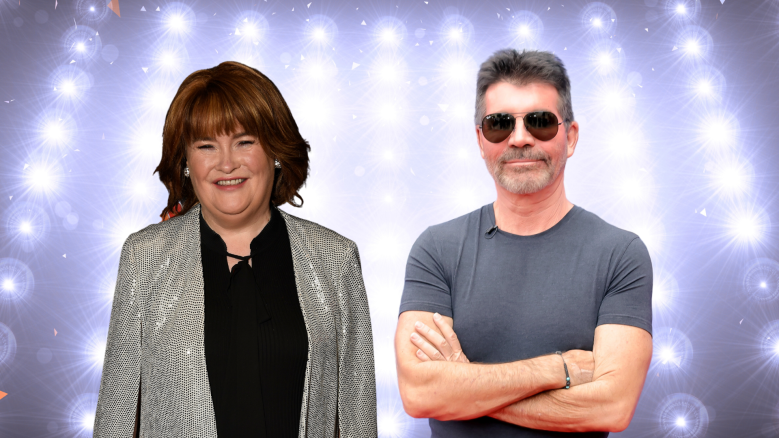 Simon Cowell and Susan Boyle posing in front of bright lights.