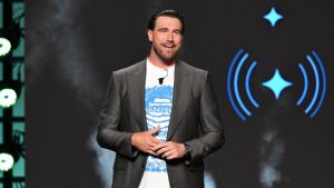 Travis Kelce speaks onstage during Amazon's Upfront 2025 Presentation at Beacon Theatre