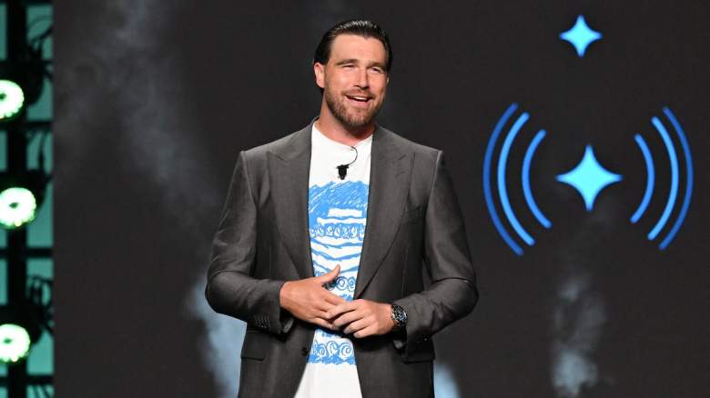 Travis Kelce speaks onstage during Amazon's Upfront 2025 Presentation at Beacon Theatre
