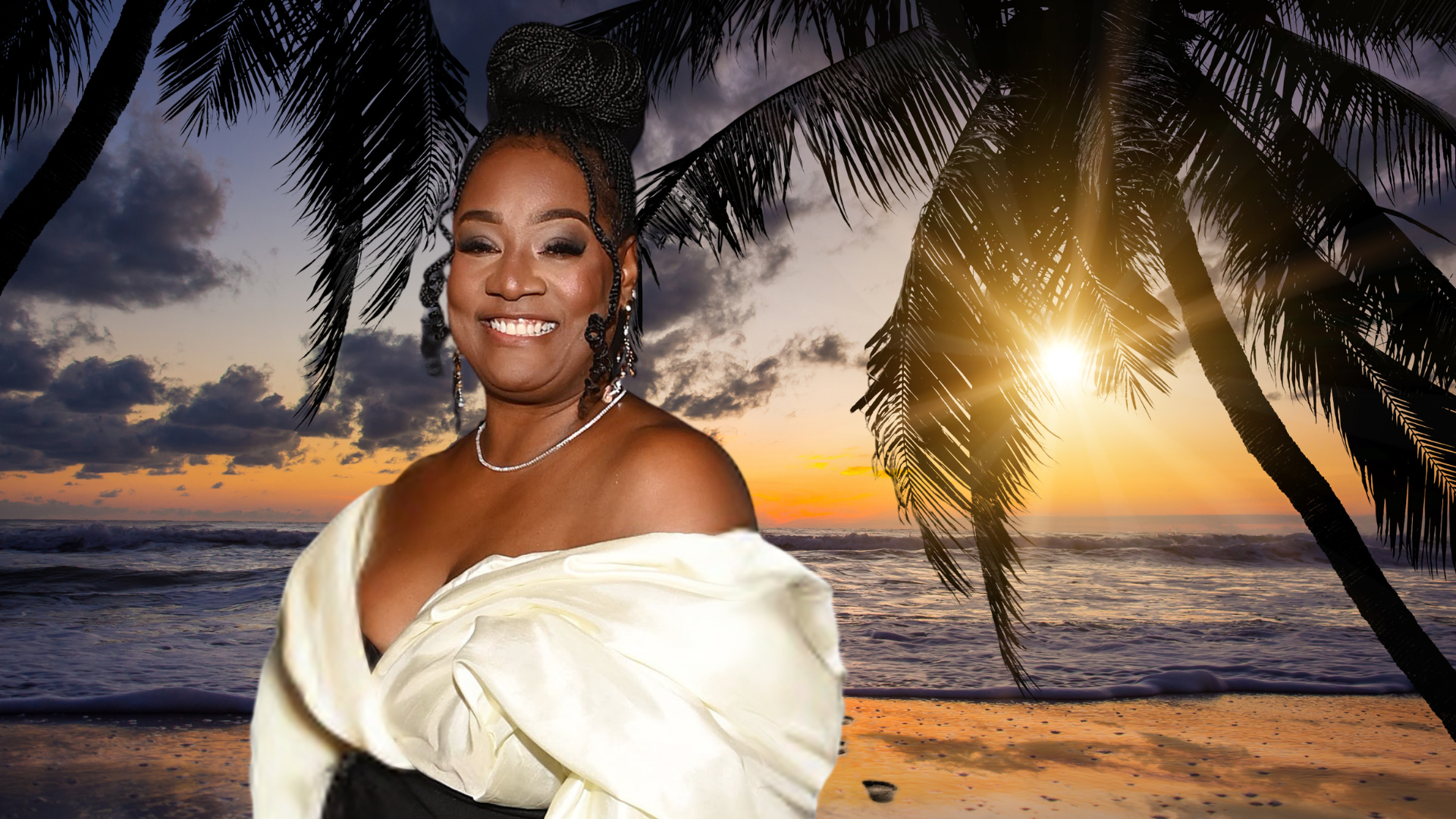 Cirie Fields in front of a topical island