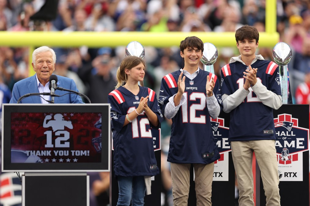 Tom Brady'schildren, Vivian, Benjamin, and Jack, look on during a ceremony honoring Brady at halftime of New England's game against the Philadelphia Eagles at Gillette Stadium on September 10, 2023 in Foxborough, Massachusetts. 