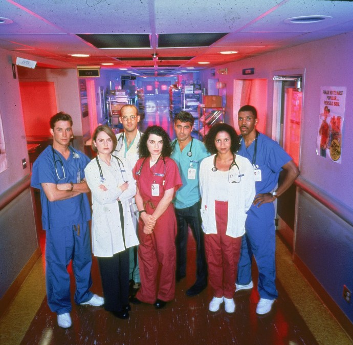 Promotional portrait of cast members from the television series, "E.R.," c. 1996. 