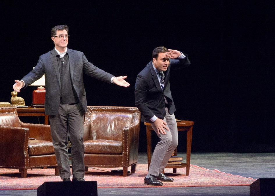 Stephen Colbert(L) and Jimmy Fallon(R)