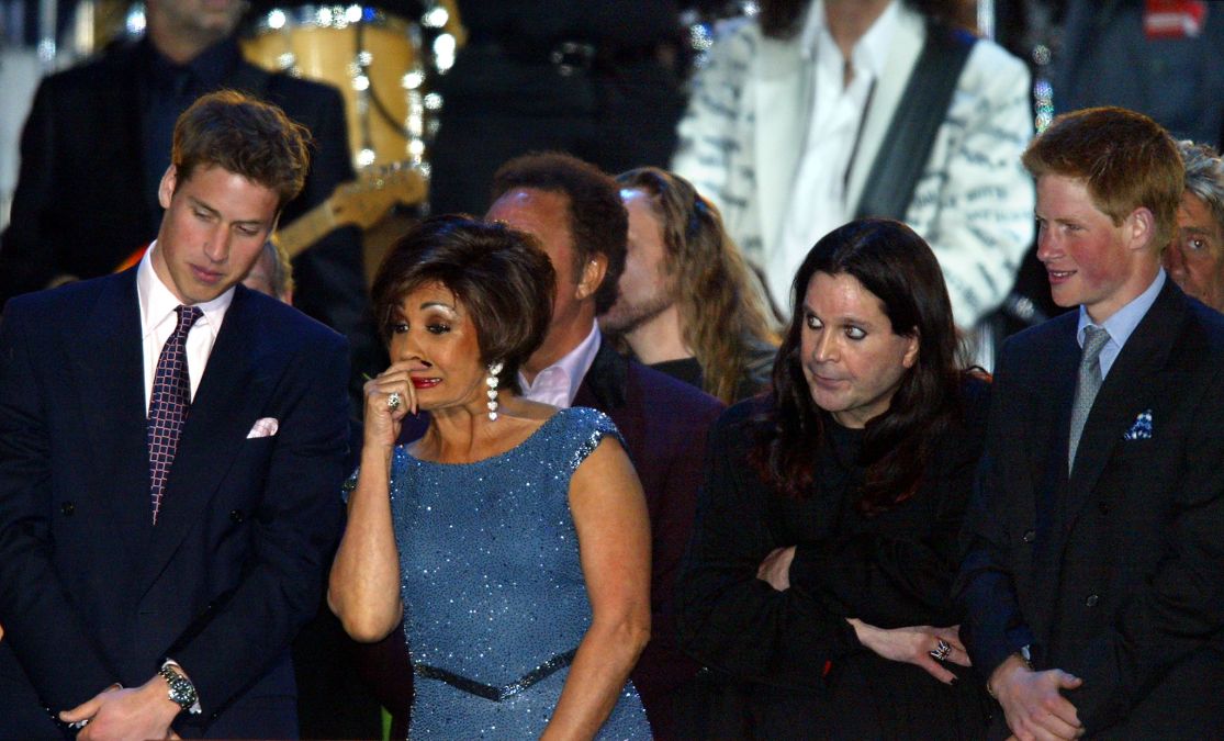 Prince William (L) talks with Dame Shirley Bassey (2nd L) as Ozzy Osbourne