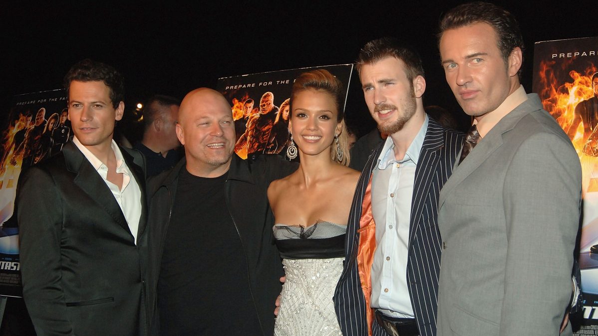 Ioan Gruffudd, Michael Chiklis, Jessica Alba, Chris Evans, and Julian McMahon at Liberty Island premiere of "Fantastic Four" in 2005