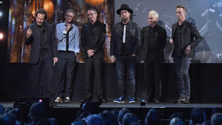 Pearl Jam (Eddie Vedder, Dave Krusen, Stone Gossard, Jeff Ament, Mike McCready, and Matt Cameron) t the 32nd Annual Rock & Roll Hall Of Fame Induction Ceremony in 2017