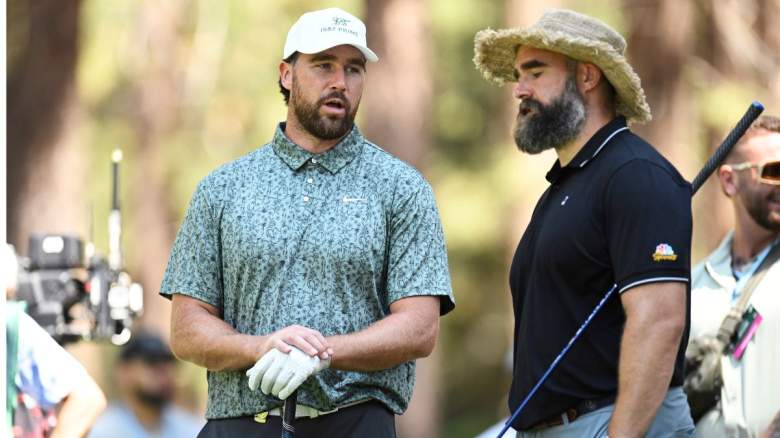 Jason Kelce and Travis Kelce stand in the 16th tee box during the first round of the American Century Championship at Edgewood Tahoe Golf Course on July 11, 2025