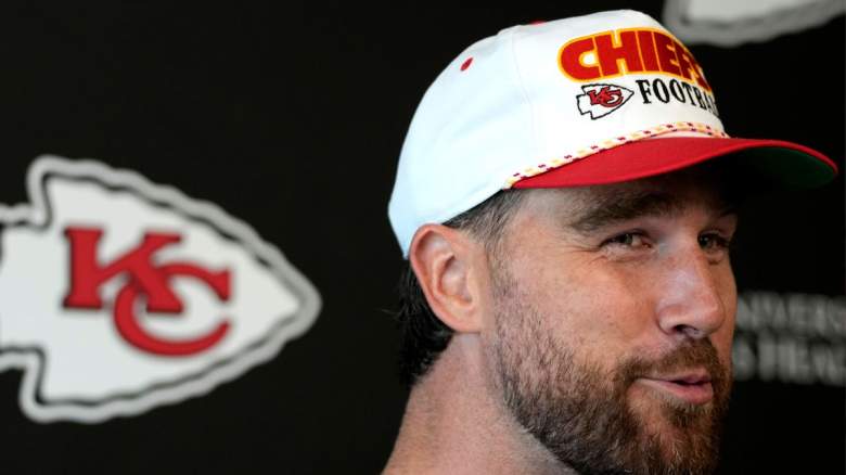 Travis Kelce #87 of the Kansas City Chiefs talks with the media after a mandatory minicamp at The University of Kansas Health System Training Complex on June 18, 2025