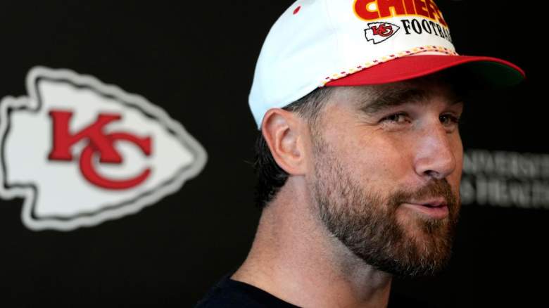 Travis Kelce #87 of the Kansas City Chiefs talks with the media after a mandatory minicamp at The University of Kansas Health System Training Complex on June 18, 2025