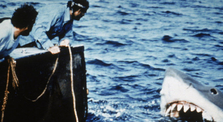 Actors Richard Dreyfuss (L) and Robert Shaw in a still from the film, 'Jaws,' directed by Steven Spielberg.