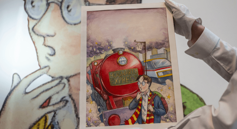 The original cover art for J.K. Rowling's "Harry Potter and the Philosopher's Stone" at Sotheby's in New York on June 25, 2024.