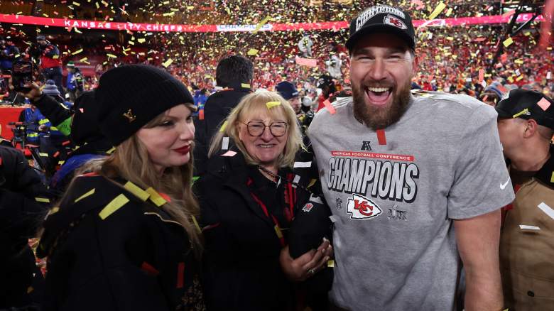 Donna Kelce, Taylor Swift and Travis Kelce celebrate the Kansas City Chiefs win