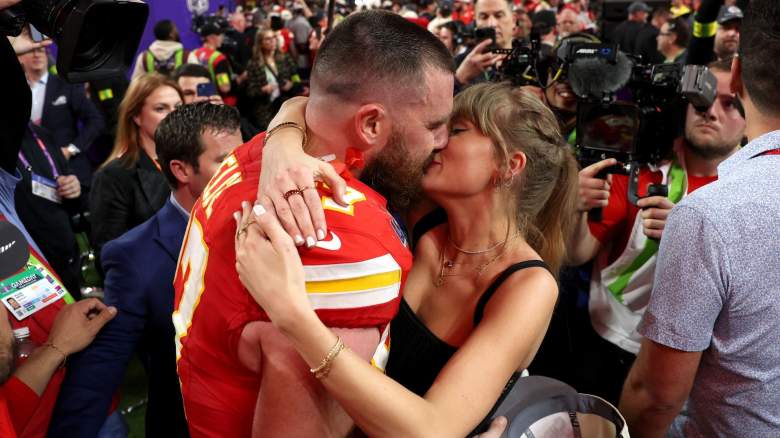 Travis Kelce #87 of the Kansas City Chiefs and Taylor Swift embrace after defeating the San Francisco 49ers in overtime during Super Bowl LVIII at Allegiant Stadium on February 11, 2024