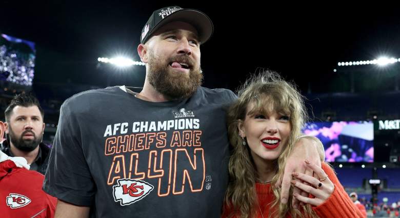 Travis Kelce #87 of the Kansas City Chiefs celebrates with Taylor Swift after a 17-10 victory against the Baltimore Ravens in the AFC Championship Game