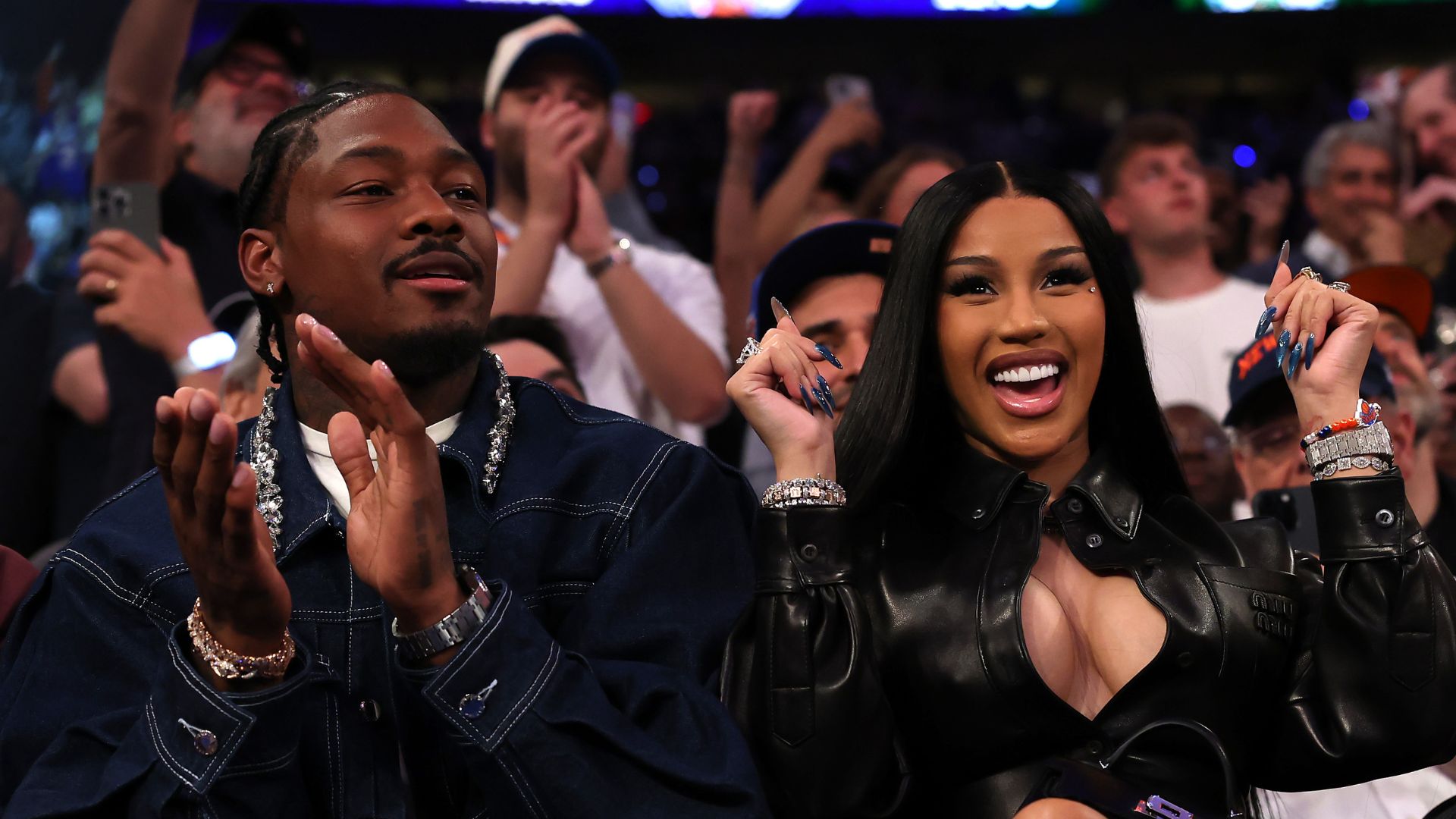 NFL Player Stefon Diggs and rapper Cardi B sits court-side during the first quarter in Game Four of the Eastern Conference Second Round NBA Playoffs