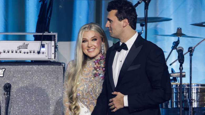 Charlie Kirk (R) and and his wife Erika Lane Frantzve (L) on stage during the Turning Point USA Inaugural-Eve Ball at the Salamander Hotel on January 19, 2025