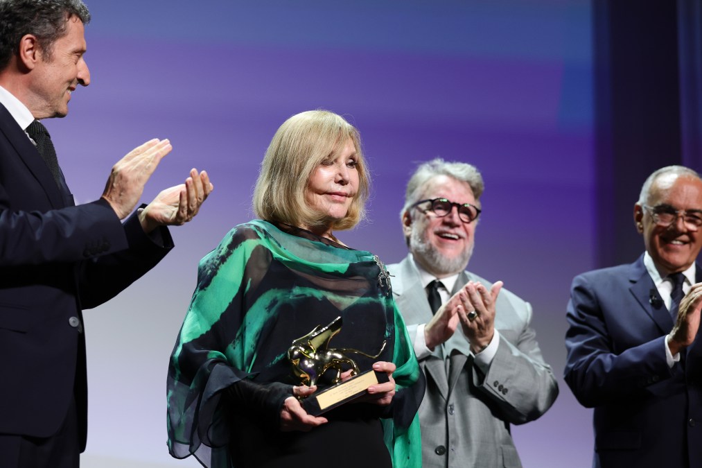 President of the Festival Pietrangelo Buttafuoco, Guillermo del Toro and Festival Director Alberto Barbera present Kim Novak with the Golden Lion For Lifetime Achievement Award 