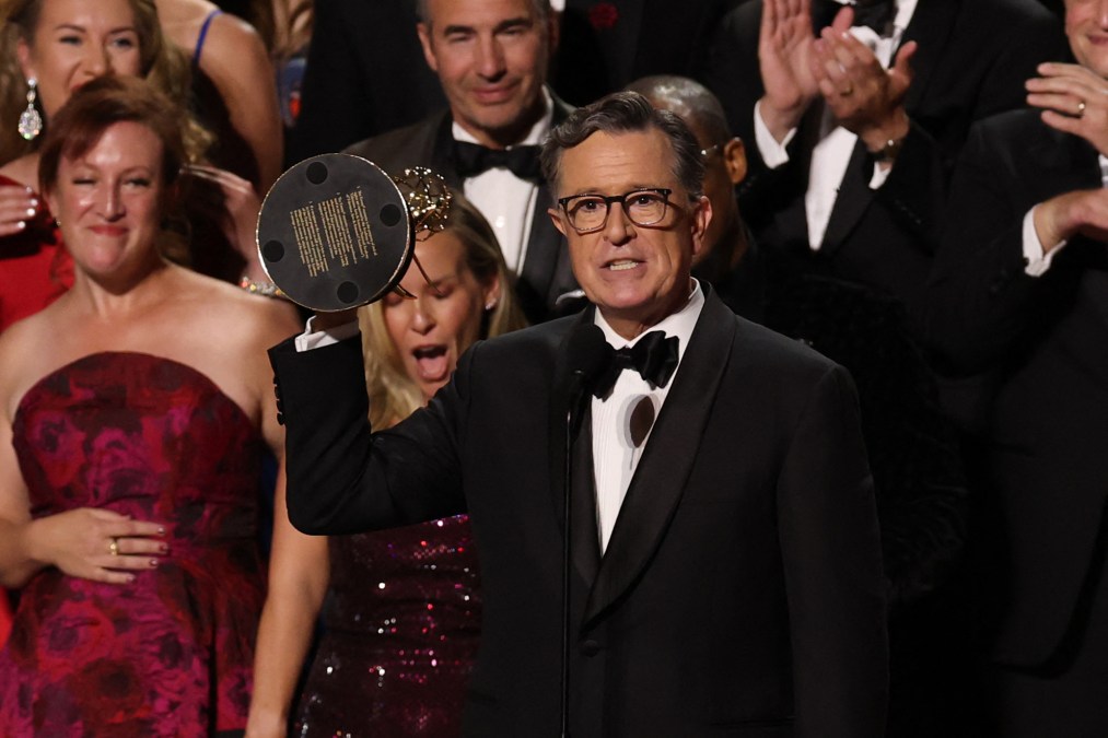 US comedian writer Stephen Colbert accepts the Outstanding Talk Series award for "The Late Show with Stephen Colbert" during the 77th Primetime Emmy Awards at the Peacock Theatre at LA Live in Los Angeles on September 14, 2025. 