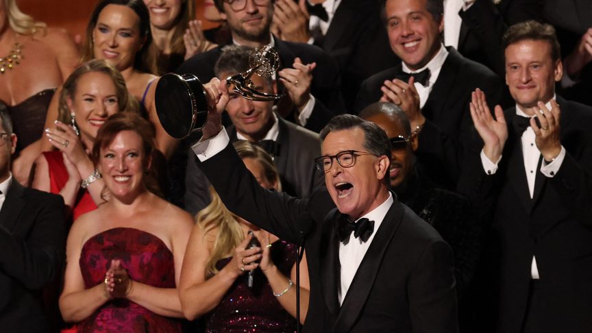 US comedian writer Stephen Colbert accepts the Outstanding Talk Series award